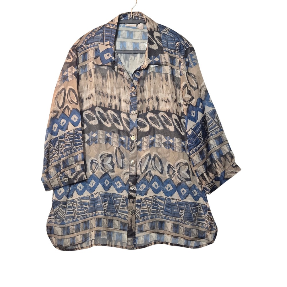 Chico's Ikat Button Up Shirt Blouse 3 XL 3/4 Sleeve Sheer Artsy Casual Work NWT